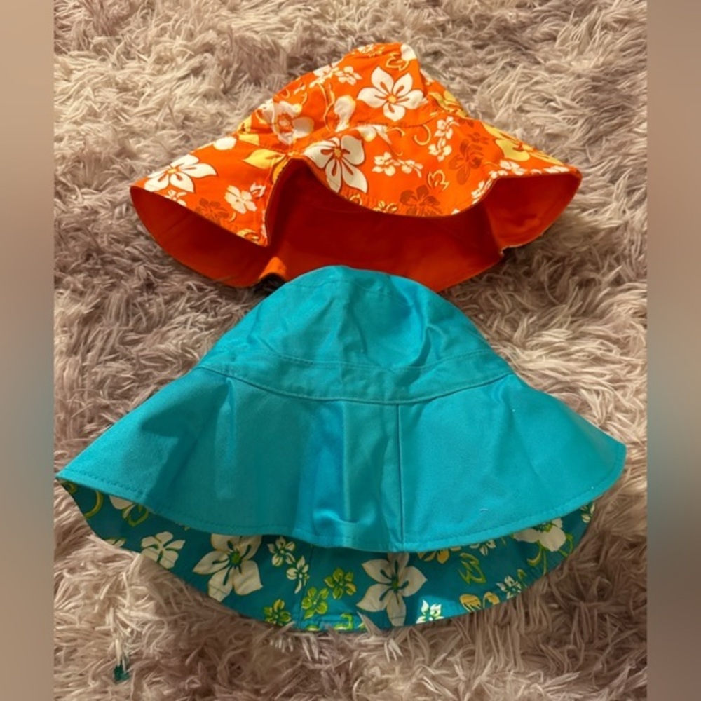 Set of two Blue and Orange Faded Glory Hawaiian Floral Reversible Bucket Hats